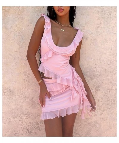 Women Y2K Ruffle Mesh 2 Piece Skirt Set Sheer Sleeveless Tube Top Flower Ruffle Split Mini Skirt Streetwear Outfits C1 Pink $...