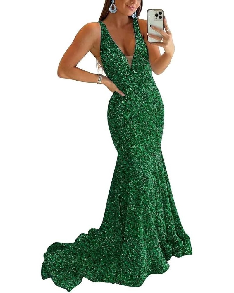 Women's Sparkly Sequin Prom Dress Long Mermaid Sexy V-Neck Cocktail Dresses Backless Formal Party Dress Emerald Green $55.20 ...