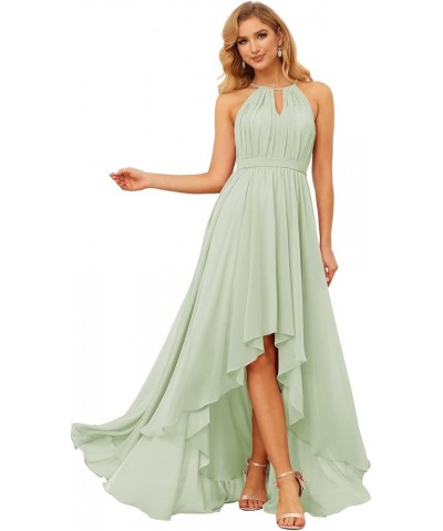 Women's Halter Bridesmaid Dresses Long with Pockets High-Low Pleats Formal Dress for Wedding YZTS104 Sage Green $29.14 Dresses