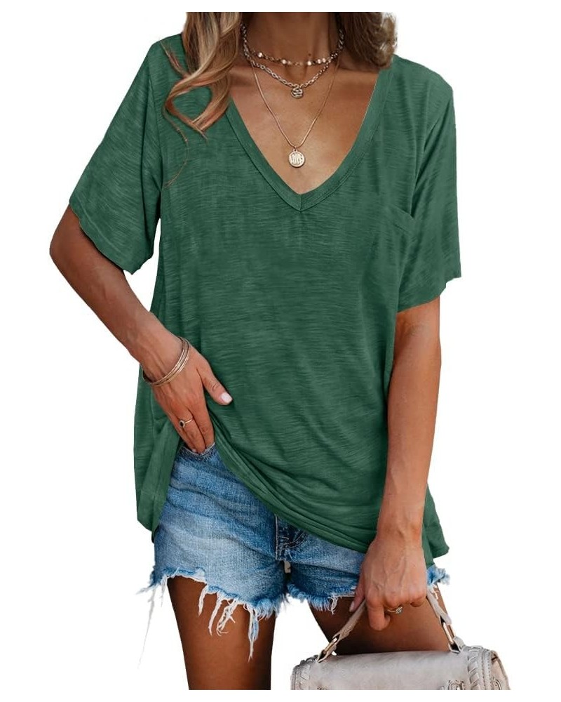 Womens V Neck Tshirts Short Sleeve Loose Casual Summer Tops with Pocket Dark Green $14.74 T-Shirts