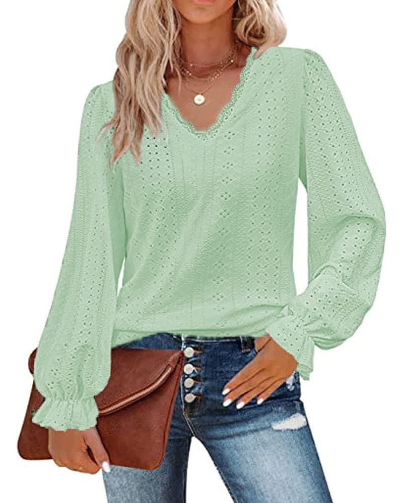 Women's Fashion Long Sleeve Hollow Ruffle Sleeve T Shirt Eyelet Dressy Casual V Neck Tops Blouse A-light Green $14.11 Blouses