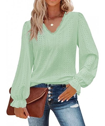 Women's Fashion Long Sleeve Hollow Ruffle Sleeve T Shirt Eyelet Dressy Casual V Neck Tops Blouse A-light Green $14.11 Blouses