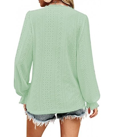 Women's Fashion Long Sleeve Hollow Ruffle Sleeve T Shirt Eyelet Dressy Casual V Neck Tops Blouse A-light Green $14.11 Blouses