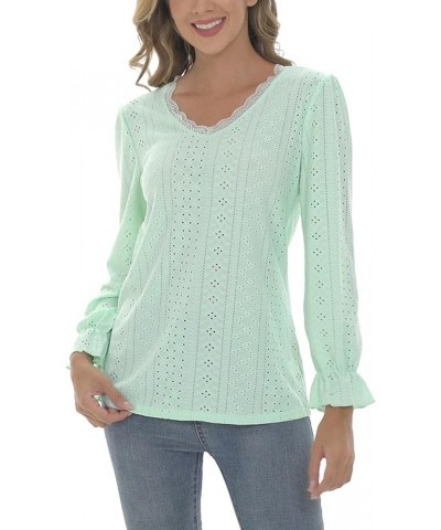 Women's Fashion Long Sleeve Hollow Ruffle Sleeve T Shirt Eyelet Dressy Casual V Neck Tops Blouse A-light Green $14.11 Blouses