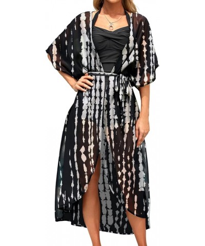 Women's Long Swimsuit Coverup with Waist Tie Loose Kimono Cardigans Black/White $15.91 Swimsuits