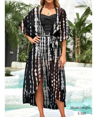 Women's Long Swimsuit Coverup with Waist Tie Loose Kimono Cardigans Black/White $15.91 Swimsuits