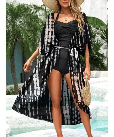 Women's Long Swimsuit Coverup with Waist Tie Loose Kimono Cardigans Black/White $15.91 Swimsuits