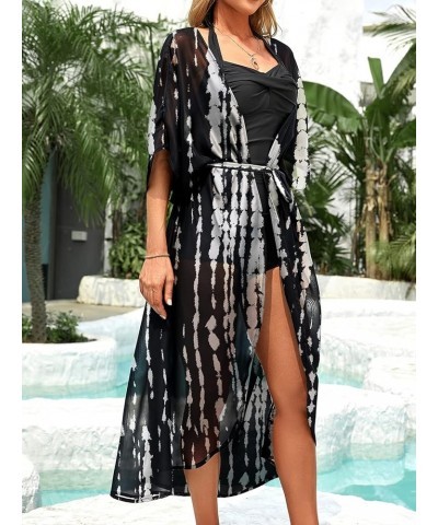 Women's Long Swimsuit Coverup with Waist Tie Loose Kimono Cardigans Black/White $15.91 Swimsuits