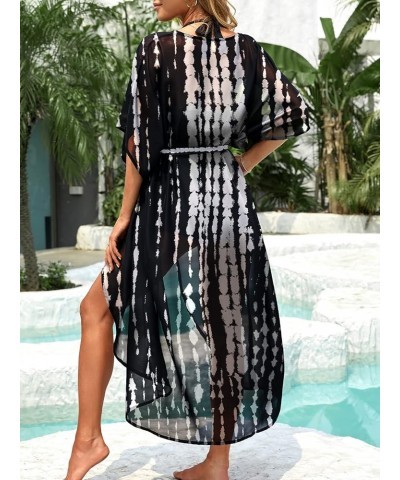 Women's Long Swimsuit Coverup with Waist Tie Loose Kimono Cardigans Black/White $15.91 Swimsuits