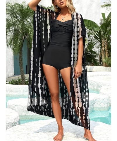 Women's Long Swimsuit Coverup with Waist Tie Loose Kimono Cardigans Black/White $15.91 Swimsuits