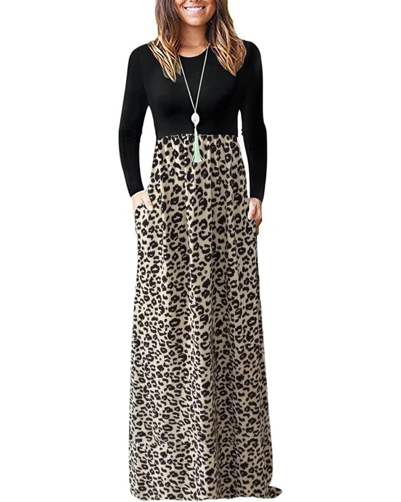 Women Long Sleeve Loose Plain Maxi Dresses Casual Long Dresses with Pockets 02-black Leopard $19.92 Dresses