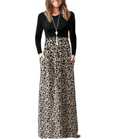 Women Long Sleeve Loose Plain Maxi Dresses Casual Long Dresses with Pockets 02-black Leopard $19.92 Dresses