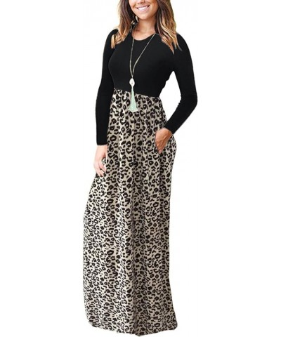 Women Long Sleeve Loose Plain Maxi Dresses Casual Long Dresses with Pockets 02-black Leopard $19.92 Dresses