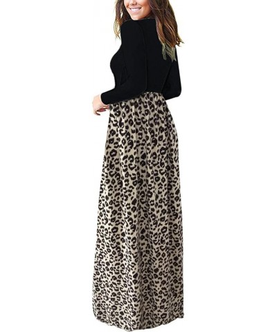 Women Long Sleeve Loose Plain Maxi Dresses Casual Long Dresses with Pockets 02-black Leopard $19.92 Dresses