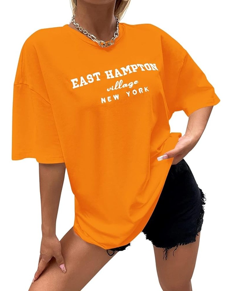 Women Drop Shoulder East Hampton Letter T-Shirt Oversized Graphic Baggy Trendy Tee Shirt Top Orange $14.00 T-Shirts