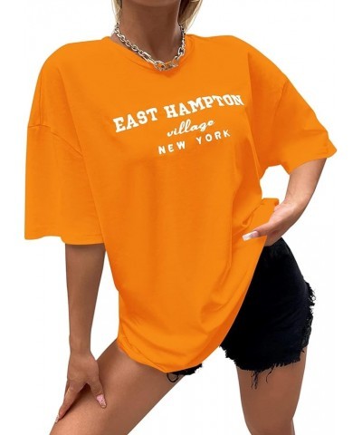 Women Drop Shoulder East Hampton Letter T-Shirt Oversized Graphic Baggy Trendy Tee Shirt Top Orange $14.00 T-Shirts