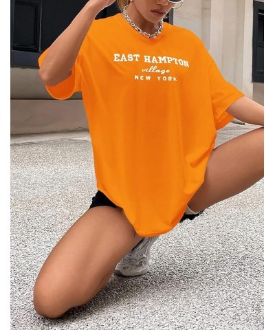 Women Drop Shoulder East Hampton Letter T-Shirt Oversized Graphic Baggy Trendy Tee Shirt Top Orange $14.00 T-Shirts