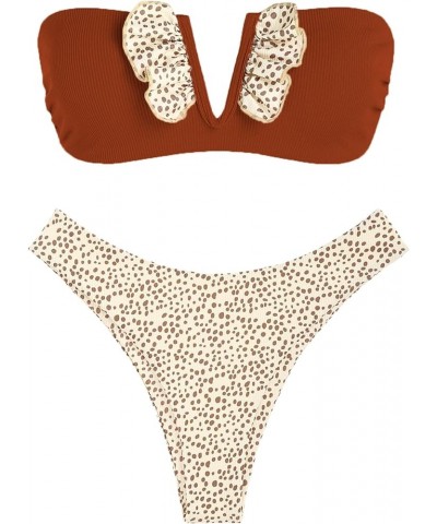 Women V-Wired Ruffle Ribbed Bandeau Bikini, Lace Up Bikinis Strapless Two Pieces Swimsuit 8-coffee $20.99 Swimsuits