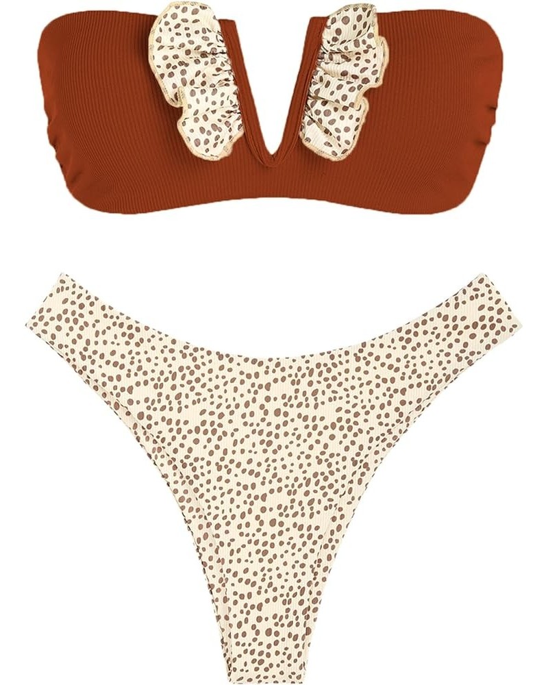 Women V-Wired Ruffle Ribbed Bandeau Bikini, Lace Up Bikinis Strapless Two Pieces Swimsuit 8-coffee $20.99 Swimsuits