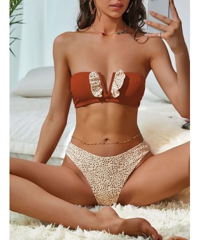 Women V-Wired Ruffle Ribbed Bandeau Bikini, Lace Up Bikinis Strapless Two Pieces Swimsuit 8-coffee $20.99 Swimsuits