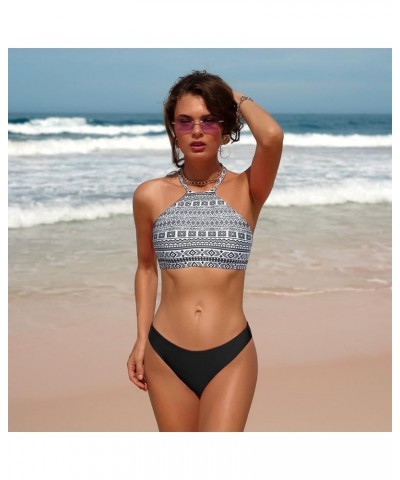 Womens Floral Striped Halter High Neck Bikini Swimsuit Set Cross Back Black/Tribal $13.76 Swimsuits