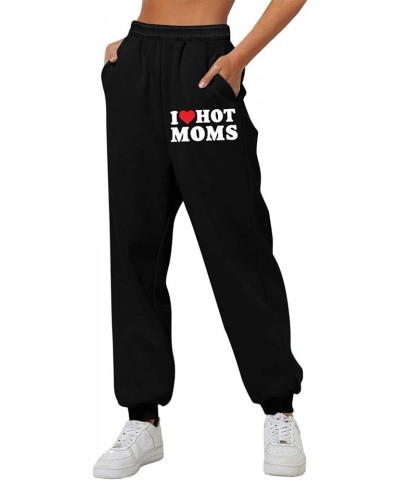 Warm Sweatpants Women I Love Hot Moms Letter Print Fleece Lined Trendy Jogger Pants Elastic High Waist Baggy Lounge Trousers ...