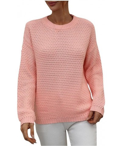 Women's Sweaters Autumn and Winter Solid Round Neck Long Sleeve Knit Sweater Pullover Woman's Pink $11.71 Sweaters