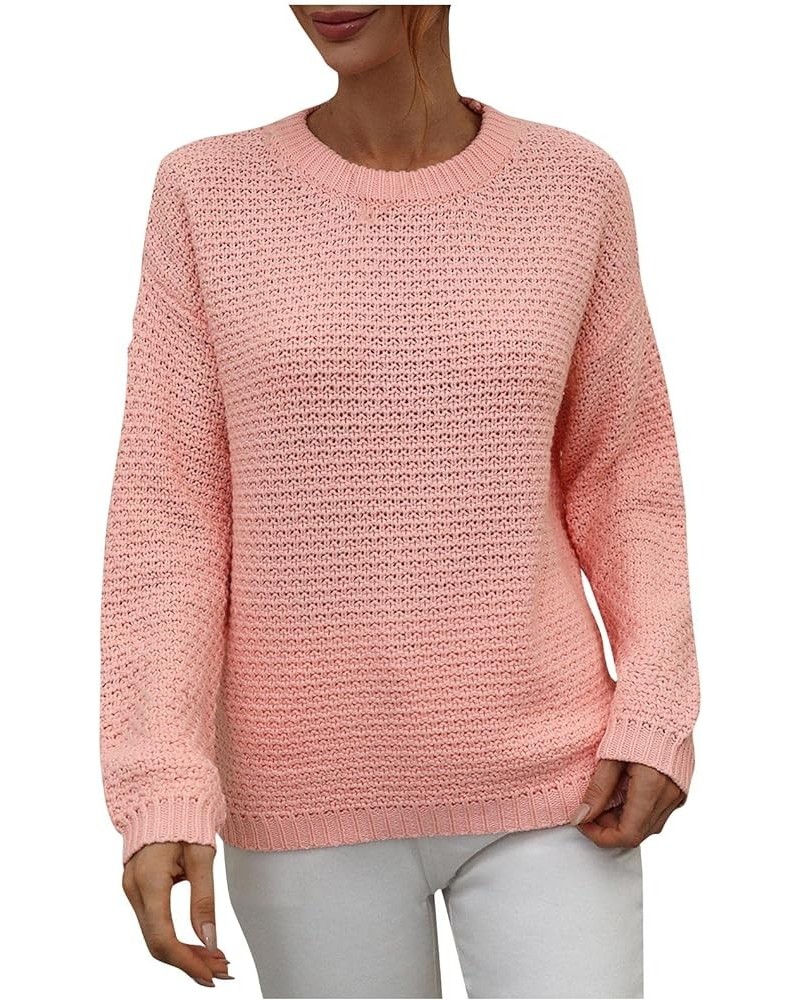 Women's Sweaters Autumn and Winter Solid Round Neck Long Sleeve Knit Sweater Pullover Woman's Pink $11.71 Sweaters