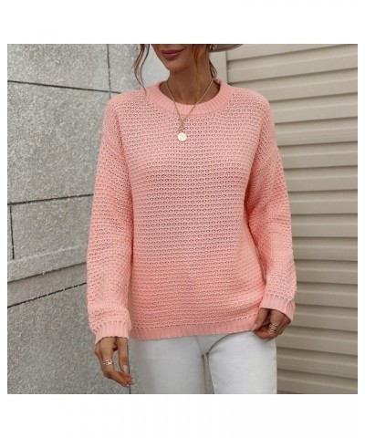 Women's Sweaters Autumn and Winter Solid Round Neck Long Sleeve Knit Sweater Pullover Woman's Pink $11.71 Sweaters