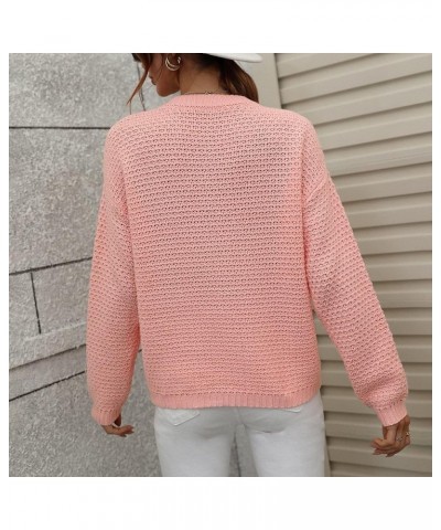 Women's Sweaters Autumn and Winter Solid Round Neck Long Sleeve Knit Sweater Pullover Woman's Pink $11.71 Sweaters