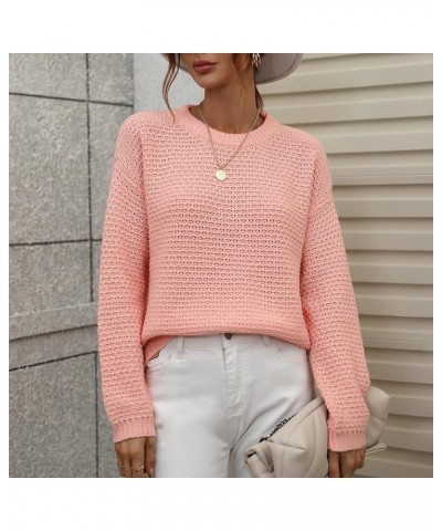 Women's Sweaters Autumn and Winter Solid Round Neck Long Sleeve Knit Sweater Pullover Woman's Pink $11.71 Sweaters