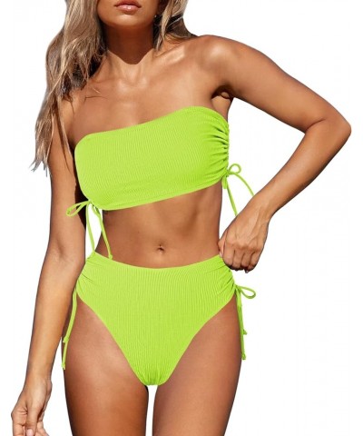 Women's 2 Piece High Waisted Bikini Sets Ribbed Bandeau Ruched Drawstring Swimsuit Bathing Suit Light Green $14.19 Swimsuits