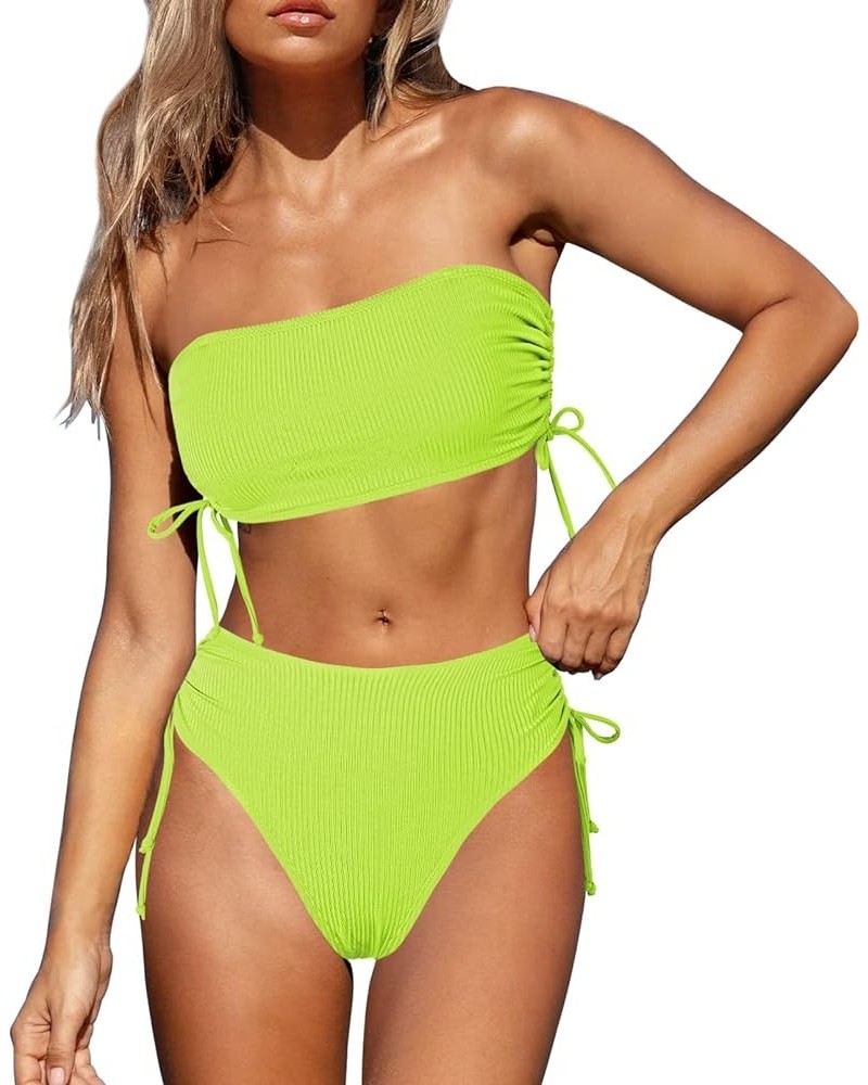 Women's 2 Piece High Waisted Bikini Sets Ribbed Bandeau Ruched Drawstring Swimsuit Bathing Suit Light Green $14.19 Swimsuits