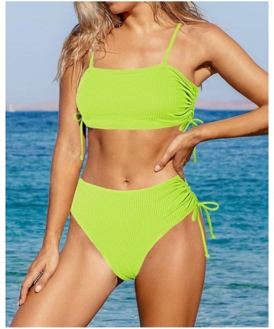 Women's 2 Piece High Waisted Bikini Sets Ribbed Bandeau Ruched Drawstring Swimsuit Bathing Suit Light Green $14.19 Swimsuits