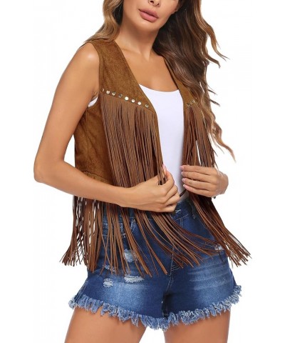 Women Tassel Vest 70s Hippie Faux Suede Rivets Sleeveless Fringe Jacket S-XXXL Brown $18.13 Vests