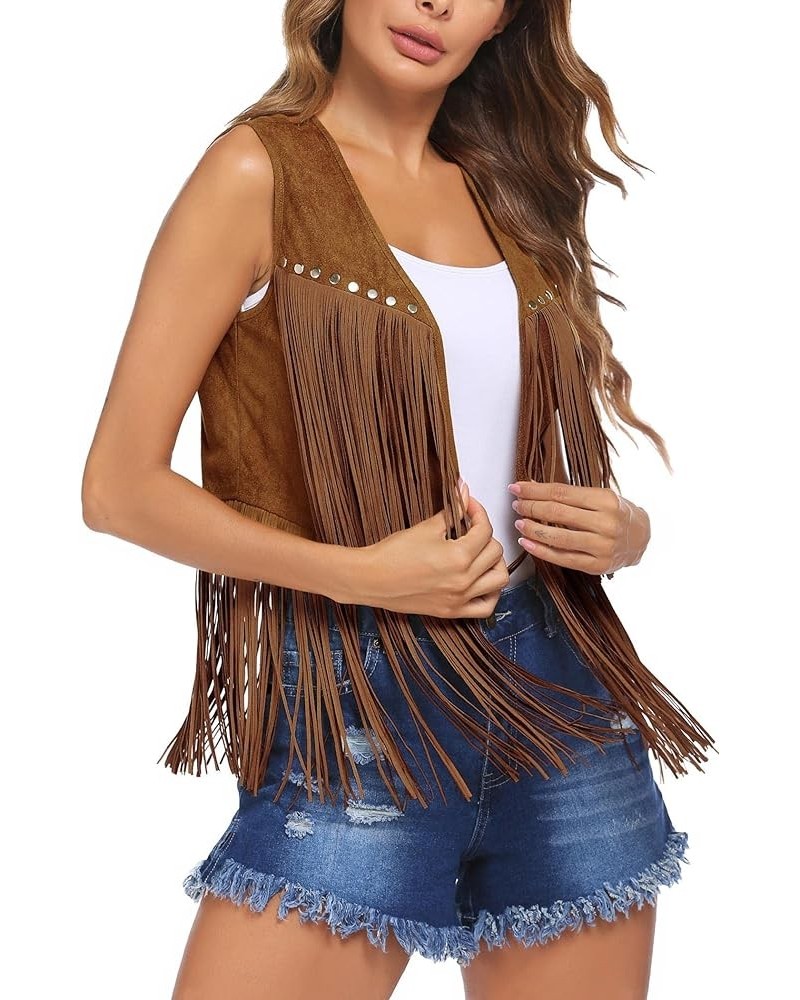 Women Tassel Vest 70s Hippie Faux Suede Rivets Sleeveless Fringe Jacket S-XXXL Brown $18.13 Vests