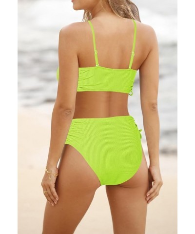 Women's 2 Piece High Waisted Bikini Sets Ribbed Bandeau Ruched Drawstring Swimsuit Bathing Suit Light Green $14.19 Swimsuits