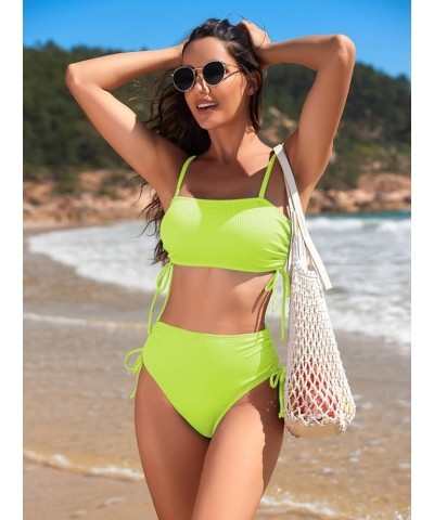 Women's 2 Piece High Waisted Bikini Sets Ribbed Bandeau Ruched Drawstring Swimsuit Bathing Suit Light Green $14.19 Swimsuits