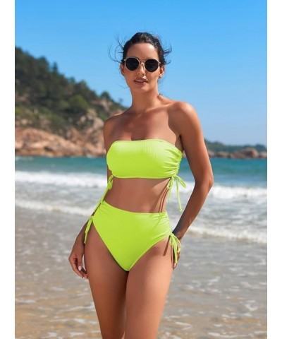 Women's 2 Piece High Waisted Bikini Sets Ribbed Bandeau Ruched Drawstring Swimsuit Bathing Suit Light Green $14.19 Swimsuits