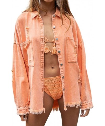 Women's Oversized Distressed Ripped Denim Jacket Frayed Hem Button Down Shirt Jacket Orange $20.29 Jackets