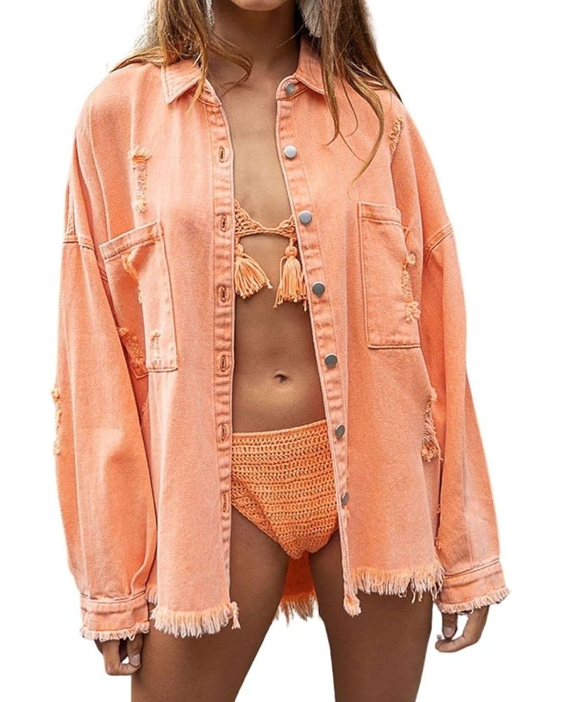 Women's Oversized Distressed Ripped Denim Jacket Frayed Hem Button Down Shirt Jacket Orange $20.29 Jackets