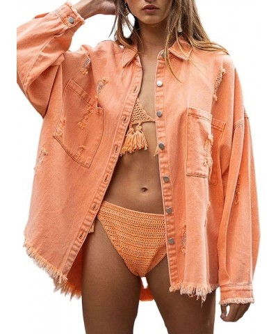 Women's Oversized Distressed Ripped Denim Jacket Frayed Hem Button Down Shirt Jacket Orange $20.29 Jackets