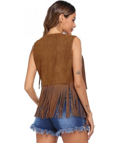 Women Tassel Vest 70s Hippie Faux Suede Rivets Sleeveless Fringe Jacket S-XXXL Brown $18.13 Vests