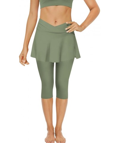 Womens Skirted Swim Capris UPF50+ High Waisted Swim Skirt with Leggings Pants Board Short Green $13.02 Swimsuits