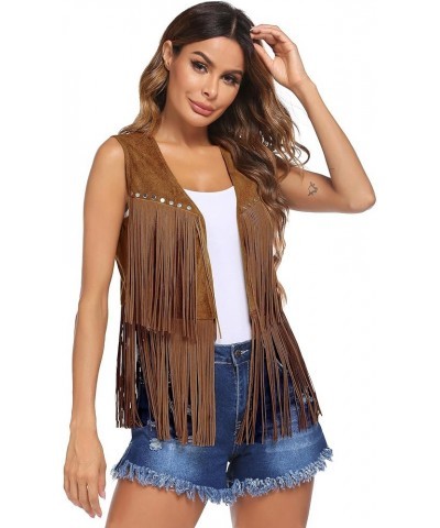 Women Tassel Vest 70s Hippie Faux Suede Rivets Sleeveless Fringe Jacket S-XXXL Brown $18.13 Vests