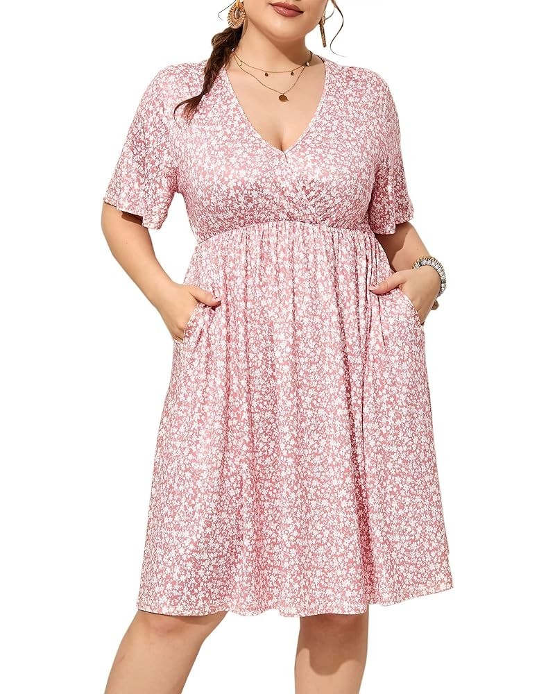 Plus Size Dress Women's Plus Size Floral Summer Dress Casual Wrap V Neck A Line Ruffle Belted Dress Pink Ditsy Flower*kj $22....