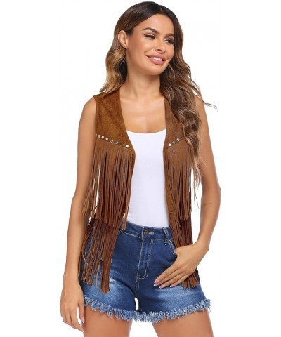 Women Tassel Vest 70s Hippie Faux Suede Rivets Sleeveless Fringe Jacket S-XXXL Brown $18.13 Vests