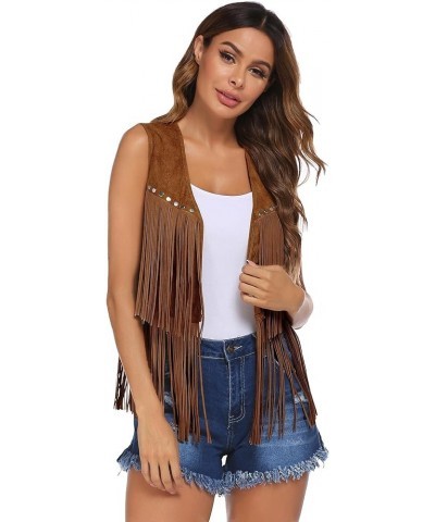 Women Tassel Vest 70s Hippie Faux Suede Rivets Sleeveless Fringe Jacket S-XXXL Brown $18.13 Vests