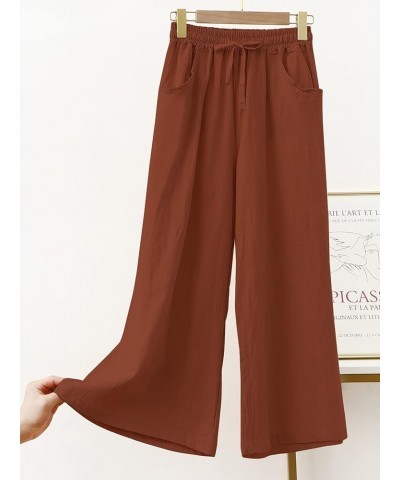 Women Wide Leg Linen Pants, High Waisted Summer Casual Cotton Linen Palazzo Pants with Pockets Brick Red $15.80 Pants