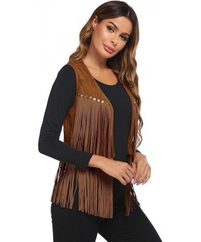 Women Tassel Vest 70s Hippie Faux Suede Rivets Sleeveless Fringe Jacket S-XXXL Brown $18.13 Vests